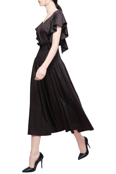 Manika Nanda_Brown V Neck Flared Midi Dress _Online_at_Aza_Fashions