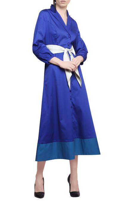 Manika Nanda_Blue Lapel Peak Flared Jacket Dress _Online_at_Aza_Fashions