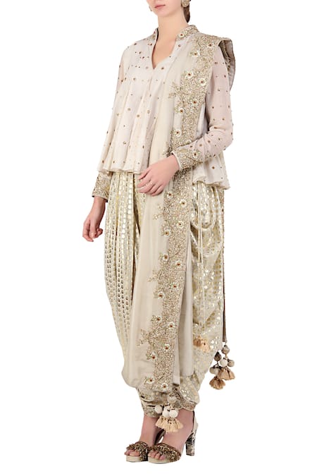 Nikasha_White Mandarin Collar Embroidered Kurta And Dhoti Pant Set _Online_at_Aza_Fashions