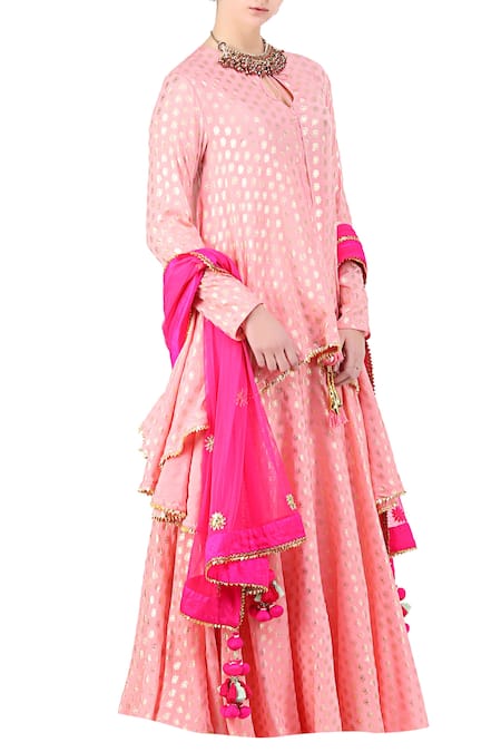 Nikasha Foil Print Asymmetric Kurta & Lehenga Set 