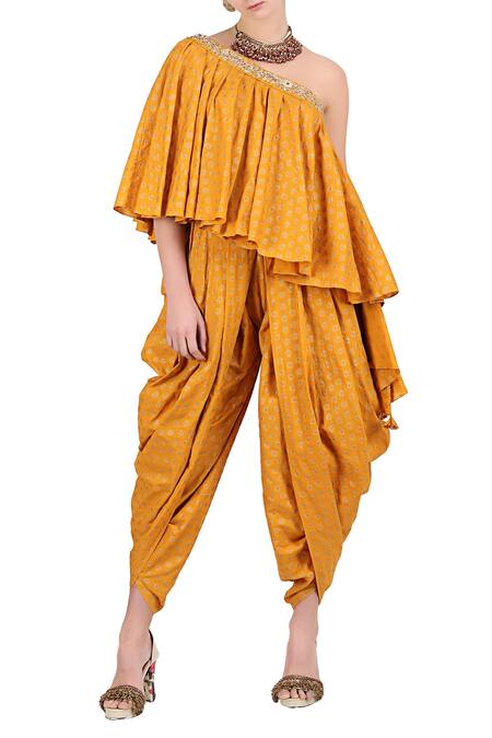 Nikasha Yellow Asymmetric One Shoulder Blouse And Dhoti Pant Set For Women