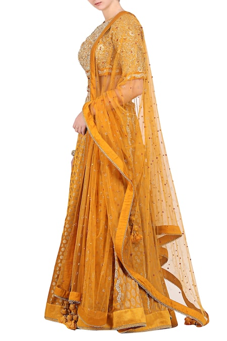 Shop_Nikasha_Yellow Round Brocade Lehenga Set _at_Aza_Fashions