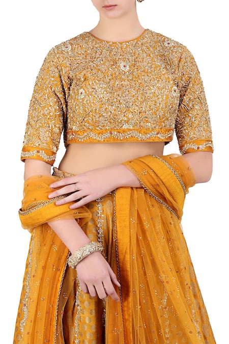 Nikasha_Yellow Round Brocade Lehenga Set _Online_at_Aza_Fashions