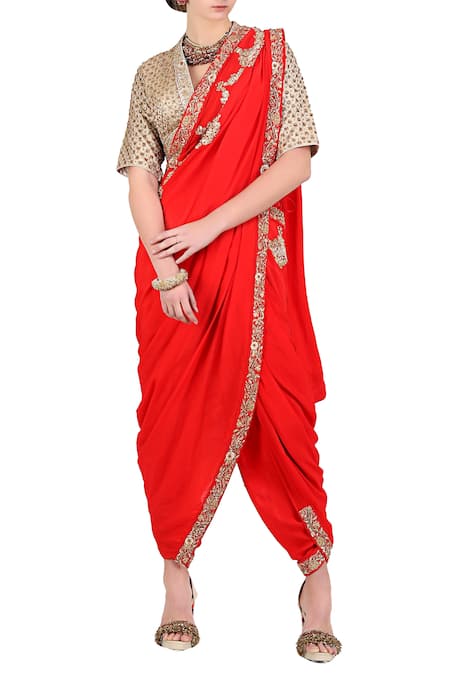 Buy Swtantra Chocolate & Green Predraped Pant style Saree with Belt online