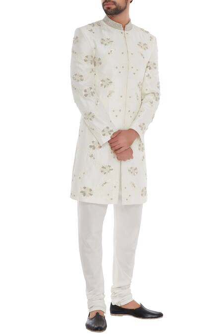 Mapxencars Cream Silk Embroidery Hand Sherwani Set