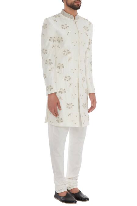 Mapxencars_Cream Silk Embroidery Hand Sherwani Set_Online_at_Aza_Fashions
