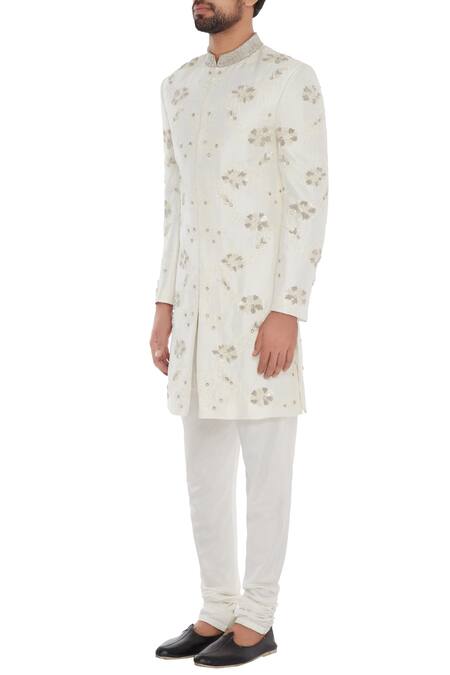 Buy_Mapxencars_Cream Silk Embroidery Hand Sherwani Set_Online_at_Aza_Fashions