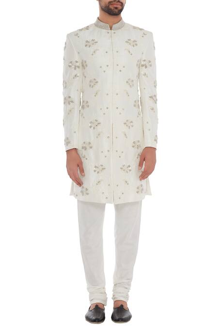 Shop_Mapxencars_Cream Silk Embroidery Hand Sherwani Set_Online_at_Aza_Fashions