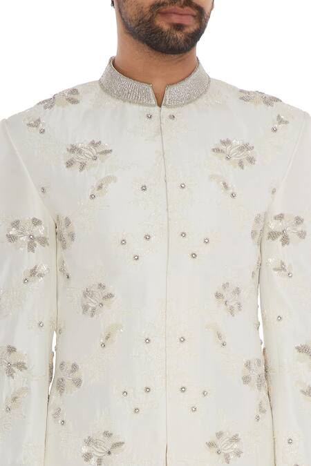 Mapxencars_Cream Silk Embroidery Hand Sherwani Set_at_Aza_Fashions