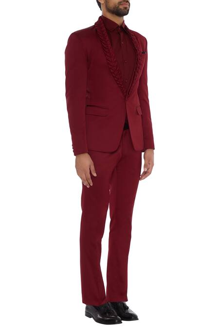 Mapxencars_Maroon Suiting Fabric Single Breasted Set_Online_at_Aza_Fashions