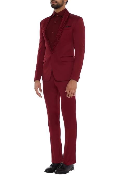 Buy_Mapxencars_Maroon Suiting Fabric Single Breasted Set_Online_at_Aza_Fashions