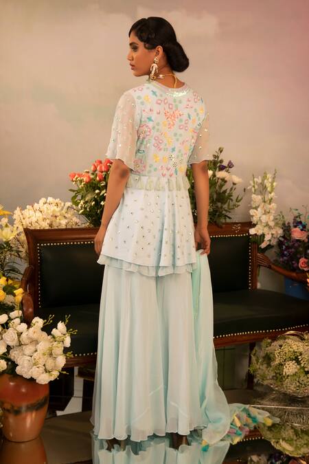 Shop Ruh Clothing Blue Georgette Bead Work, Chikankari, Hand Embroidered Peplum Kurta Sharara Set at Aza Fashions Shop_Ruh Clothing_Blue Georgette Bead Work, Chikankari, Hand Embroidered Peplum Kurta Sharara Set _at_Aza_Fashions