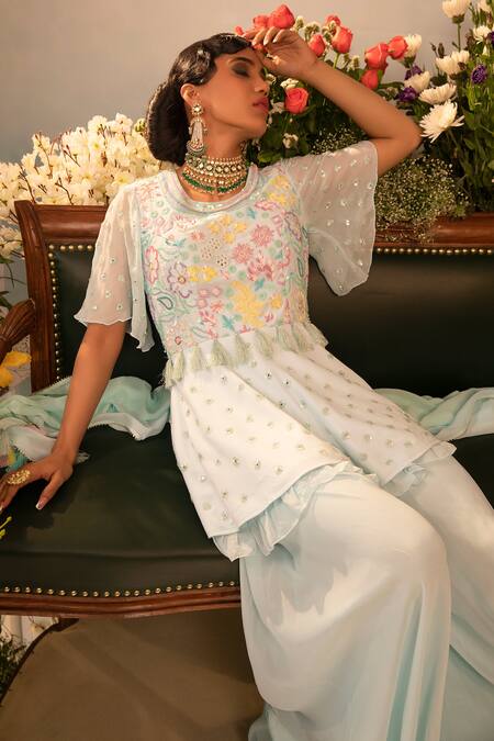 Ruh Clothing Blue Georgette Bead Work, Chikankari, Hand Embroidered Peplum Kurta Sharara Set Online at Aza Fashions Ruh Clothing_Blue Georgette Bead Work, Chikankari, Hand Embroidered Peplum Kurta Sharara Set _Online_at_Aza_Fashions