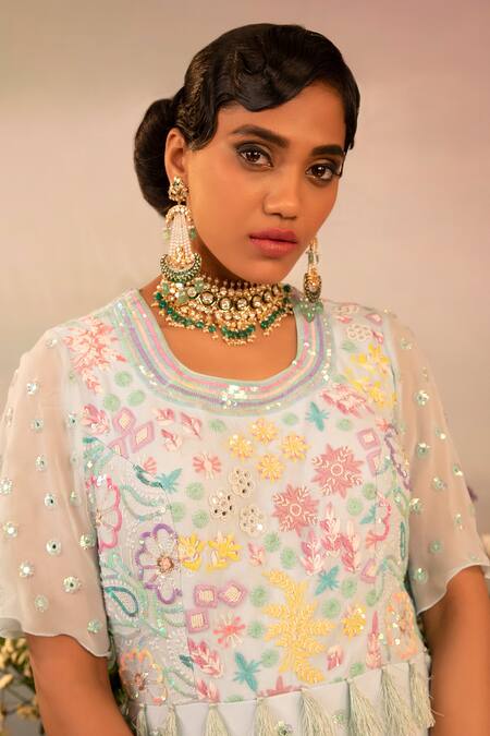 Buy Ruh Clothing Blue Georgette Bead Work, Chikankari, Hand Embroidered Peplum Kurta Sharara Set Online at Aza Fashions Buy_Ruh Clothing_Blue Georgette Bead Work, Chikankari, Hand Embroidered Peplum Kurta Sharara Set _Online_at_Aza_Fashions