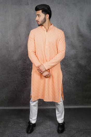 Kasbah_Peach Georgette Sequins, Geometric Pattern Embroidered Kurta_Online_at_Aza_Fashions