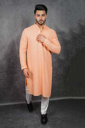 Buy_Kasbah_Peach Georgette Sequins, Geometric Pattern Embroidered Kurta_Online_at_Aza_Fashions