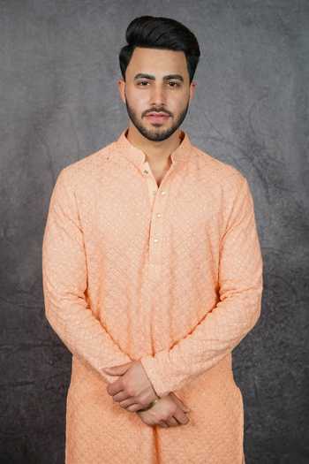 Shop_Kasbah_Peach Georgette Sequins, Geometric Pattern Embroidered Kurta_Online_at_Aza_Fashions