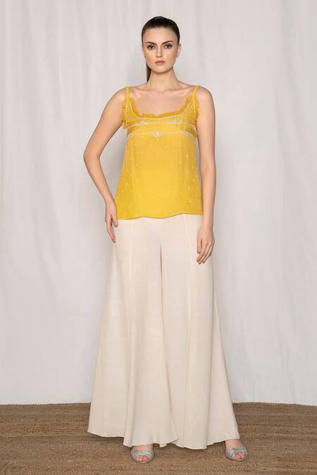 Amrta By Guneet Kondal Yellow Viscose Pearls, Beads, Zari Scoop Neck Embroidered Top And Flared Pant Set Online at Aza Fashions Amrta By Guneet Kondal_Yellow Viscose Pearls, Beads, Zari Scoop Neck Embroidered Top And Flared Pant Set _Online_at_Aza_Fashions