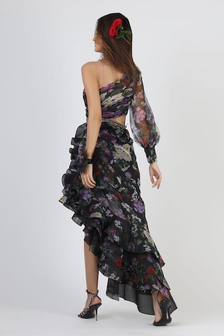 Shop Geisha Designs Black Polyester Printed Floral One Shoulder Botanical Gown at Aza Fashions Shop_Geisha Designs_Black Polyester Printed Floral One Shoulder Botanical Gown _at_Aza_Fashions