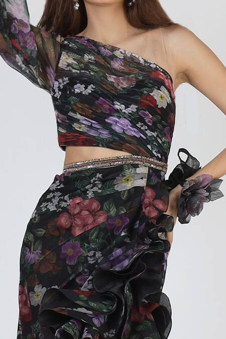 Buy Geisha Designs Black Polyester Printed Floral One Shoulder Botanical Gown Online at Aza Fashions Buy_Geisha Designs_Black Polyester Printed Floral One Shoulder Botanical Gown _Online_at_Aza_Fashions
