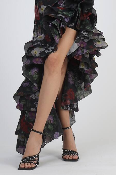 Shop Geisha Designs Black Polyester Printed Floral One Shoulder Botanical Gown Online at Aza Fashions Shop_Geisha Designs_Black Polyester Printed Floral One Shoulder Botanical Gown _Online_at_Aza_Fashions