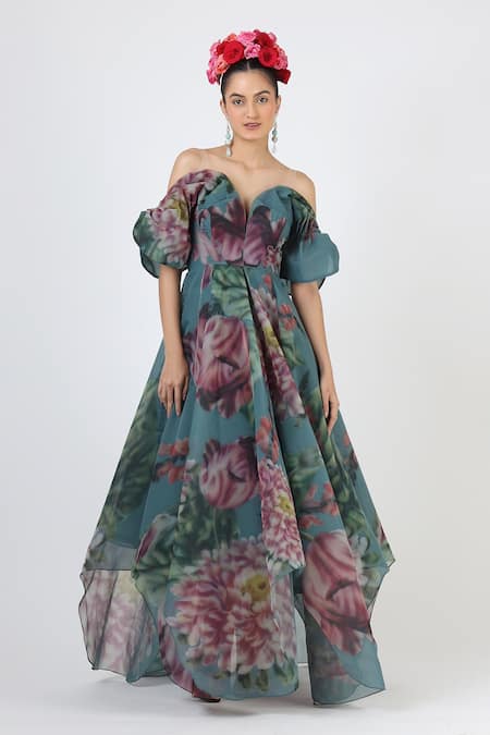 Geisha Designs Blue Polyester Printed Floral Sweetheart Off Shoulder Botanical Gown  