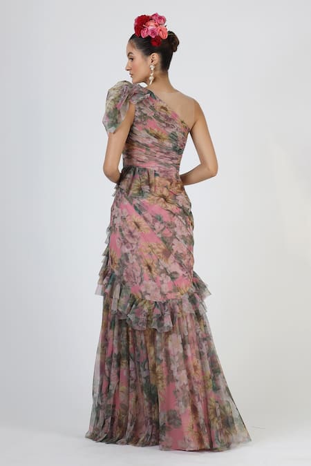 Shop Geisha Designs Pink Polyester Printed Floral One Shoulder Ruffle Gown at Aza Fashions Shop_Geisha Designs_Pink Polyester Printed Floral One Shoulder Ruffle Gown _at_Aza_Fashions
