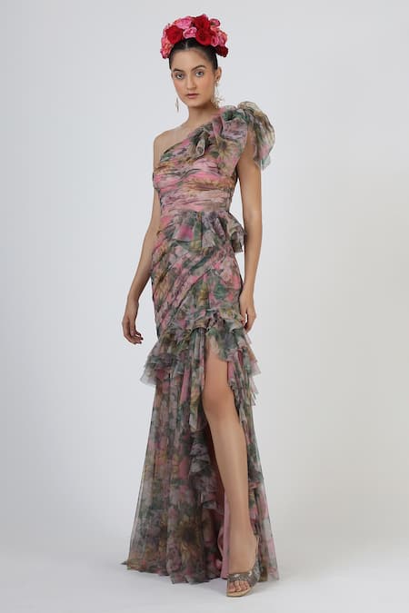 Geisha Designs Pink Polyester Printed Floral One Shoulder Ruffle Gown Online at Aza Fashions Geisha Designs_Pink Polyester Printed Floral One Shoulder Ruffle Gown _Online_at_Aza_Fashions