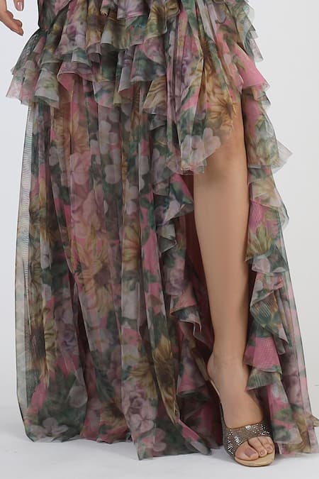 Shop Geisha Designs Pink Polyester Printed Floral One Shoulder Ruffle Gown Online at Aza Fashions Shop_Geisha Designs_Pink Polyester Printed Floral One Shoulder Ruffle Gown _Online_at_Aza_Fashions