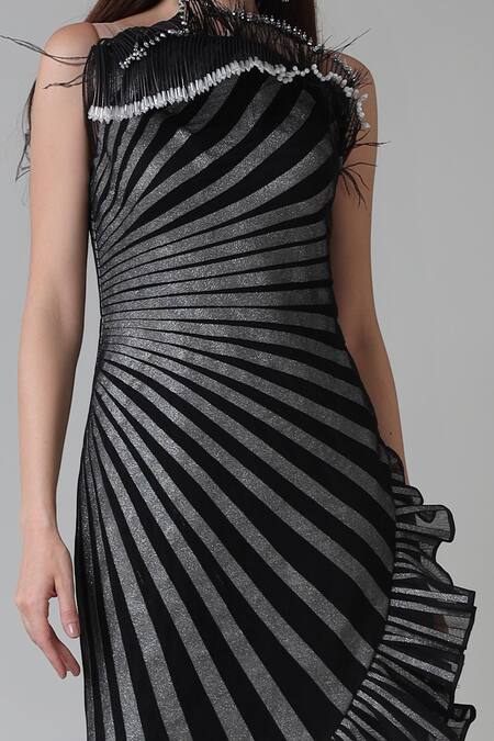 Geisha Designs Black Nylon Printed Metallic Stripe Asymmetric Sabrina Dress Online at Aza Fashions Geisha Designs_Black Nylon Printed Metallic Stripe Asymmetric Sabrina Dress _Online_at_Aza_Fashions