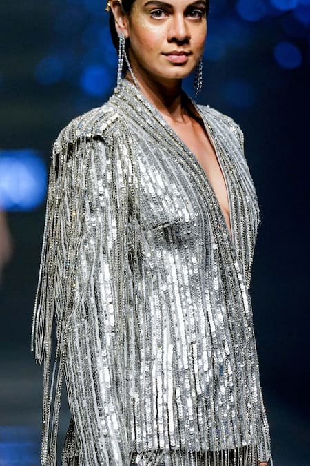 Geisha Designs_Grey Jacket Nylon Embroidery Sequin Shawl Shirley And Skirt Set  _Online_at_Aza_Fashions