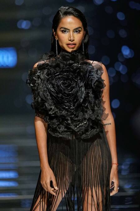 Geisha Designs Black Nylon Embroidery Floral Asymmetric Kerria Applique Dress Online at Aza Fashions Geisha Designs_Black Nylon Embroidery Floral Asymmetric Kerria Applique Dress _Online_at_Aza_Fashions