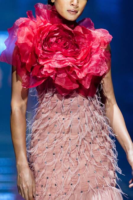 Geisha Designs Pink Nylon Embroidery Floral Asymmetric Adelyn Feather Gown Online at Aza Fashions Geisha Designs_Pink Nylon Embroidery Floral Asymmetric Adelyn Feather Gown _Online_at_Aza_Fashions