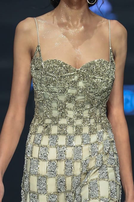 Geisha Designs Green Nylon Embroidery Sequin Sweetheart Eberta Checkered Jumpsuit Online at Aza Fashions Geisha Designs_Green Nylon Embroidery Sequin Sweetheart Eberta Checkered Jumpsuit _Online_at_Aza_Fashions