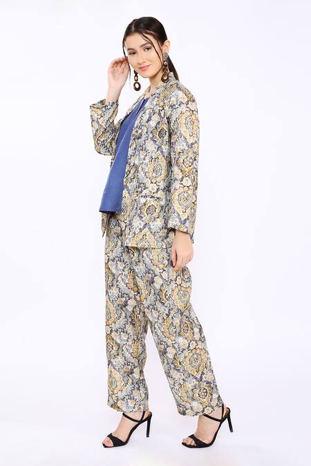 Linen Bloom_Blue 100% Pure Linen Morocco Open Print Blazer _Online_at_Aza_Fashions