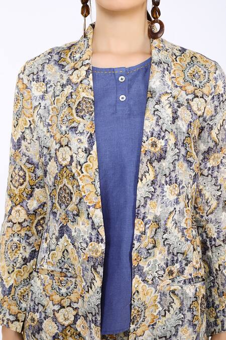 Buy_Linen Bloom_Blue 100% Pure Linen Morocco Open Print Blazer _Online_at_Aza_Fashions