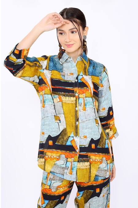 Buy_Linen Bloom_Blue 100% Pure Linen Jamaica Shirt Collar Print_Online_at_Aza_Fashions