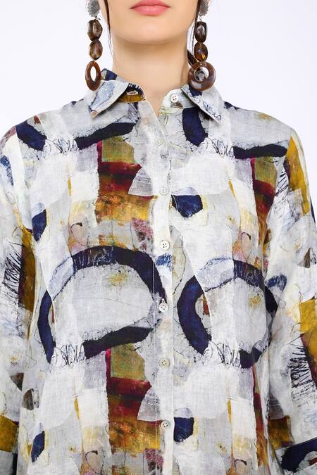 Buy_Linen Bloom_White 100% Pure Linen Oval Shirt Collar Print _Online_at_Aza_Fashions