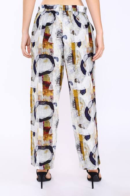 Shop_Linen Bloom_White 100% Pure Linen Printed Oval Pant _at_Aza_Fashions