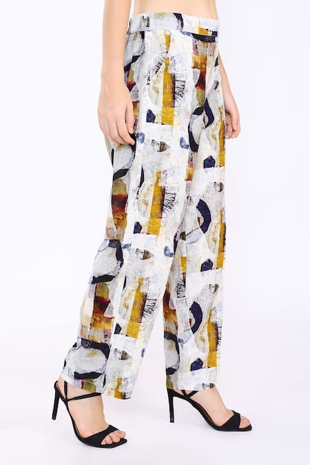 Linen Bloom_White 100% Pure Linen Printed Oval Pant _Online_at_Aza_Fashions