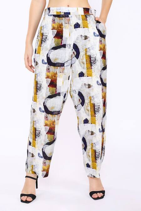 Buy_Linen Bloom_White 100% Pure Linen Printed Oval Pant _Online_at_Aza_Fashions