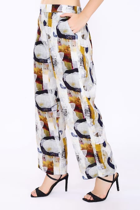 Shop_Linen Bloom_White 100% Pure Linen Printed Oval Pant _Online_at_Aza_Fashions