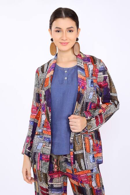 Linen Bloom_Multi Color 100% Pure Linen Tokyo Open Print Blazer _Online_at_Aza_Fashions
