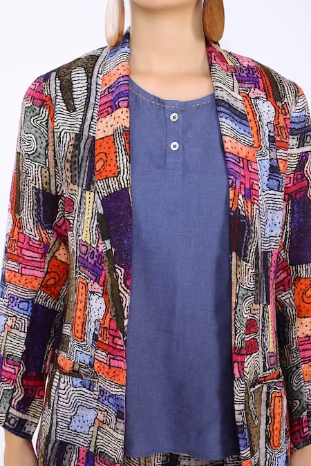 Buy_Linen Bloom_Multi Color 100% Pure Linen Tokyo Open Print Blazer _Online_at_Aza_Fashions