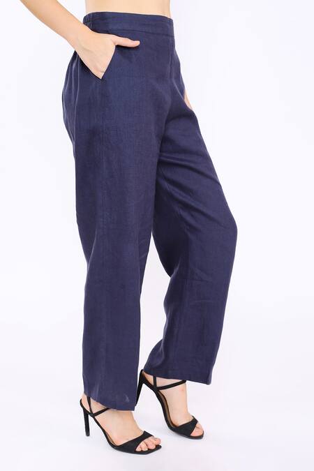 Linen Bloom_Blue 100% Pure Linen Pant _Online_at_Aza_Fashions