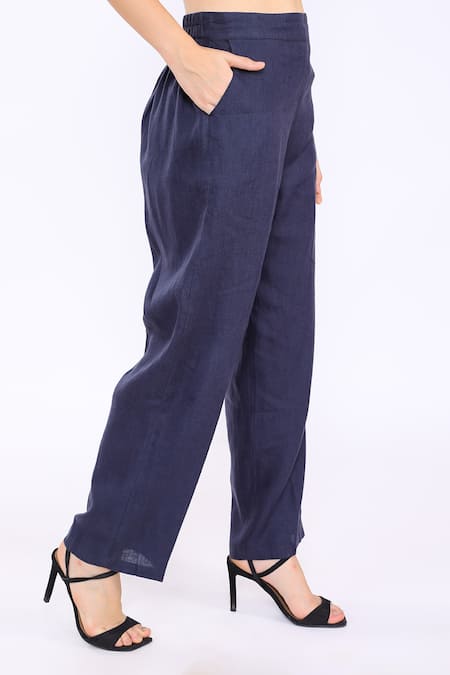 Shop_Linen Bloom_Blue 100% Pure Linen Pant _Online_at_Aza_Fashions