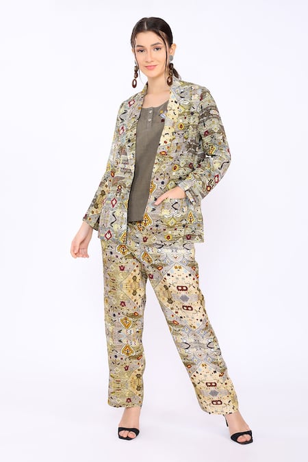 Linen Bloom Linen Diamond Print Blazer 