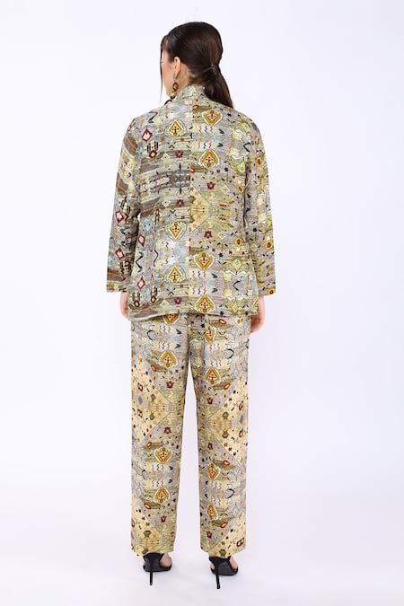 Shop_Linen Bloom_Multi Color 100% Pure Linen Diamond Open Print Blazer _at_Aza_Fashions