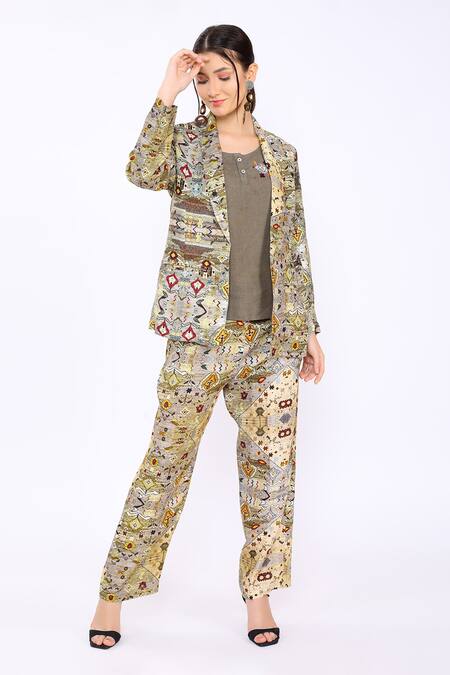 Linen Bloom_Multi Color 100% Pure Linen Diamond Open Print Blazer _Online_at_Aza_Fashions