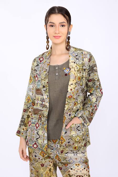 Buy_Linen Bloom_Multi Color 100% Pure Linen Diamond Open Print Blazer _Online_at_Aza_Fashions